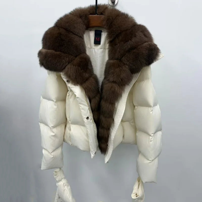 High quality winter new women's fox fur collar hooded down jacket y2k fashionable casual thick warm goose down coat warm gloves