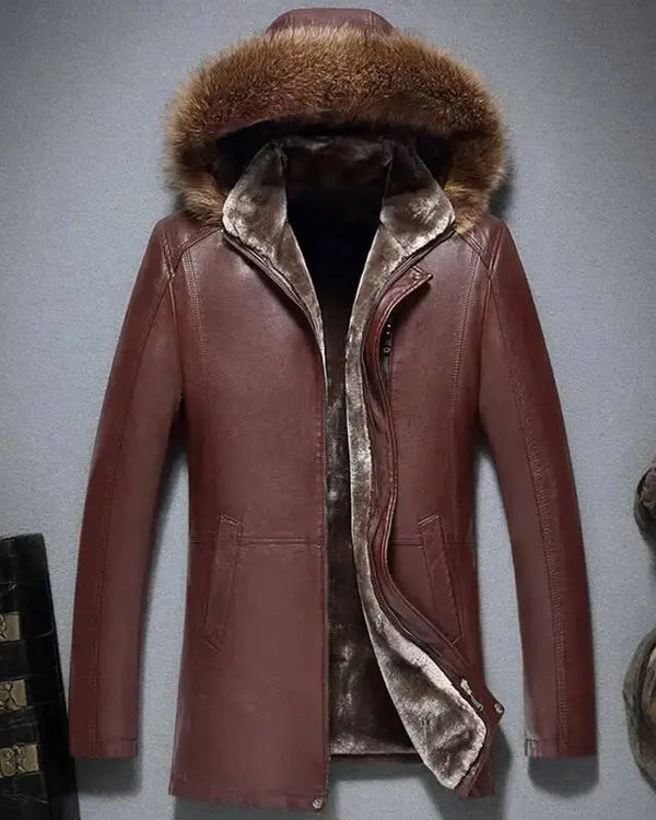 Men's Genuine Winter Hooded Raccoon Collar Medium Long Jacket Fur Leather Coat Man Sheepskin Men Overcoat