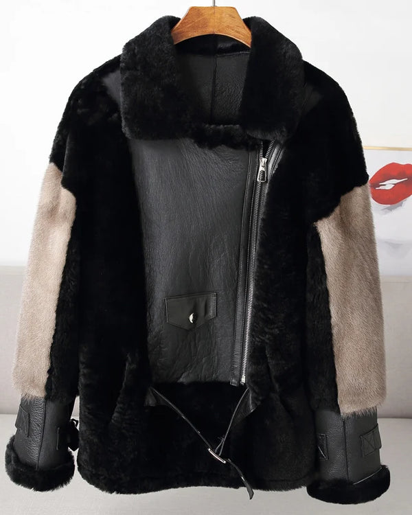 Sheepskin Coat For Women Winter Merino Fur Real Sheep Fur Jacket With Real Mink Fur Sleeve Motorcyle Female Winter Clothings