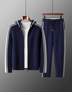 Men's 100% Merino Wool Two-piece Sets Hooded Collar Zipper Cardigan and Straight-leg Pant Autumn Winter Thickened Knit Clothing