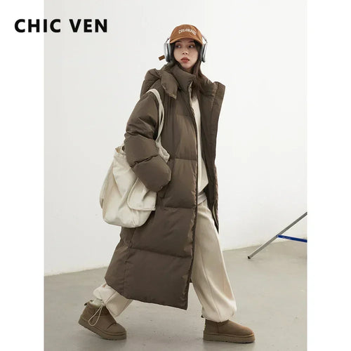 CHIC VEN Fashion Women Down Coats Hooded Thick Loose Solid Female 90 White Duck Down Jacket Ladies Topcoat Autumn Winter 2025