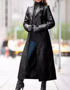 2026 Vintage Long PU Leather Jacket, Women Chic Lapel Long Sleeve Single Breasted Loose Streetwear Coat