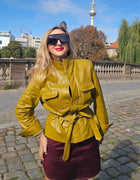 Women Elegant PU Leather Jacket Stand Collar Single Breasted Long Sleeve Tie Waist Solid Coat 2026 Autumn Office Chic Outfits