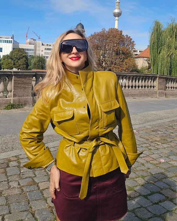 Women Elegant PU Leather Jacket Stand Collar Single Breasted Long Sleeve Tie Waist Solid Coat 2026 Autumn Office Chic Outfits