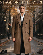 Men‘s Herringbone Long Overcoat Double Breasted Peak Lapel Slim Fit Wool Blend Topcoat Winter Formal Business Long Coat Jacket