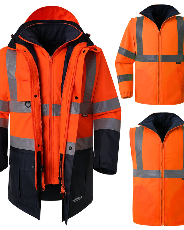 Hi Vis 5 in 1 Waterproof Parka Windbreaker Workwear Rain Coat Reflective Safety Jacket with Detachable Linner