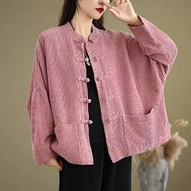 2026 New Retro Corduroy Jacket Women Spring Autumn With Improved Tang Style Loose Single-breasted Stand Coat Female Top
