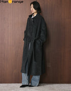 HanOrange 2026 Winter Simple Fashion Stand Collar Double Woolen Wool Coat Women with Belt Warm Coat Apricot/Floral Gray