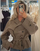 Women Plaid Short Trench Coat Lapel Double Breasted Belted Waist Long Sleeve Cropped Windbreaker Casual Outerwear Jacket