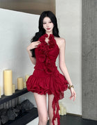 ReddaChic Romantic Ruffle Fringe Skirt Top Matching Set Women Vintage Elastic Waist Mini Skirt V-neck Halter Top Sexy Clothes