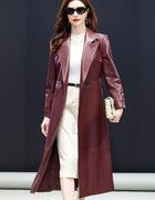 Autumn New Elegant Office Women 100% Sheepskin Genuine Leather Jacket Belted Slim Long Trench Coat Work Windbreaker Jacket