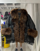 Winter Natural Large Fur Collar Tassel Down Jacket Female Cloak Shawl Warm Quilted Jacket Women White Duck Down Fur Outwears