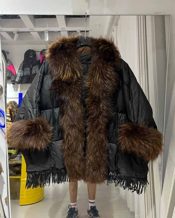 Winter Natural Large Fur Collar Tassel Down Jacket Female Cloak Shawl Warm Quilted Jacket Women White Duck Down Fur Outwears