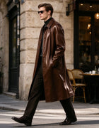 Men Vintage Long PU Faux Leather Trench Coat Lapel Single Breasted Windproof Overcoat Business Casual Long Sleeve Leather Jacket