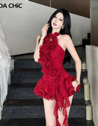 ReddaChic Romantic Ruffle Fringe Skirt Top Matching Set Women Vintage Elastic Waist Mini Skirt V-neck Halter Top Sexy Clothes