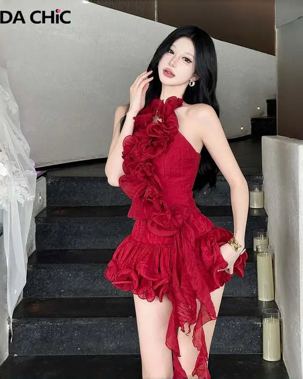 ReddaChic Romantic Ruffle Fringe Skirt Top Matching Set Women Vintage Elastic Waist Mini Skirt V-neck Halter Top Sexy Clothes