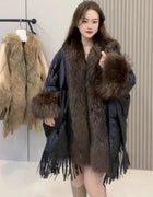 Winter Natural Large Fur Collar Tassel Down Jacket Female Cloak Shawl Warm Quilted Jacket Women White Duck Down Fur Outwears