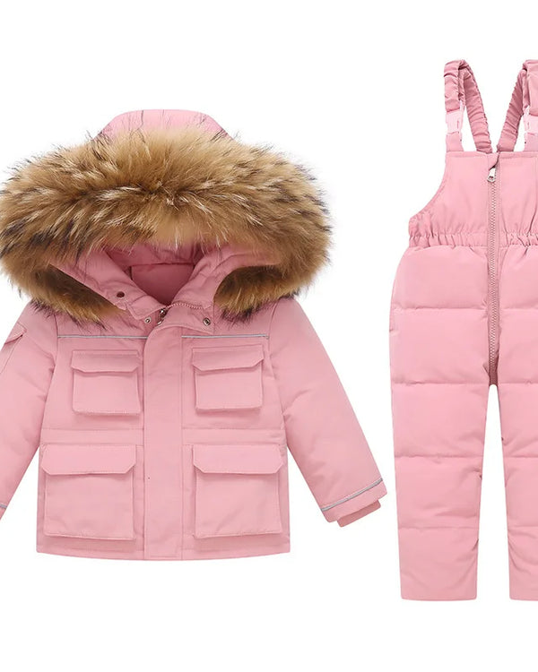 RAISE Russia Winter Toddler Girl Down Jacket Clothes Set 1-5Y Girl Real Raccoon Fur Outerwear Coat Waterproof Baby Girl Ski Suit