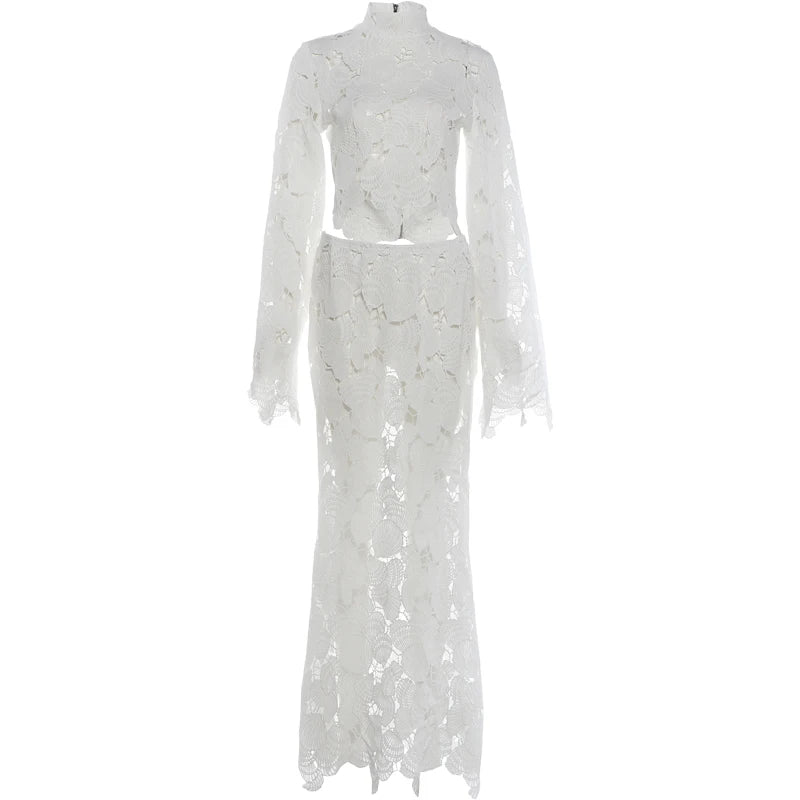 Weird Puss Fashion Jacquard Hollow 2 Piece Set Women Sexy Turtleneck Puff Sleeve Crop Top+Long Skirts Elegant Party Club Suits