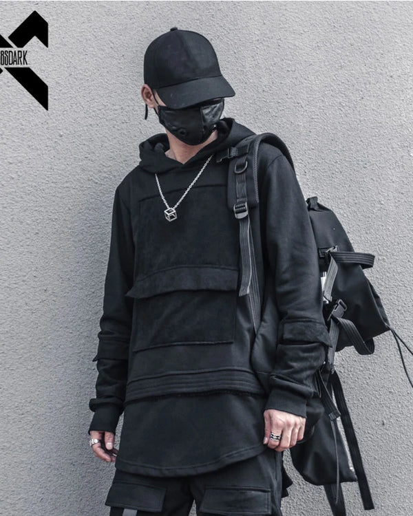 Harajuku Hoodie for Men Patchwork Design Black Sweatshirt Slim 2026 Autumn Dark Cotton Pullover Streetwear Men Clothing