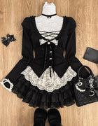 Japanese Sweet Preppy Women Two Piece Set Kawaii Lace Bow Tops Mini Skirt Korean American Retro Subculture Cute Fashion Outfits