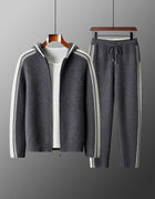 Men's 100% Merino Wool Two-piece Sets Hooded Collar Zipper Cardigan and Straight-leg Pant Autumn Winter Thickened Knit Clothing