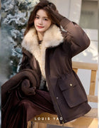 LOUIS YAO Workwear style Women's Jacket 2025 Autumn/Winter Jacket Plush Design lapel collar Mid-Length Fleece-Lined Thick Coat