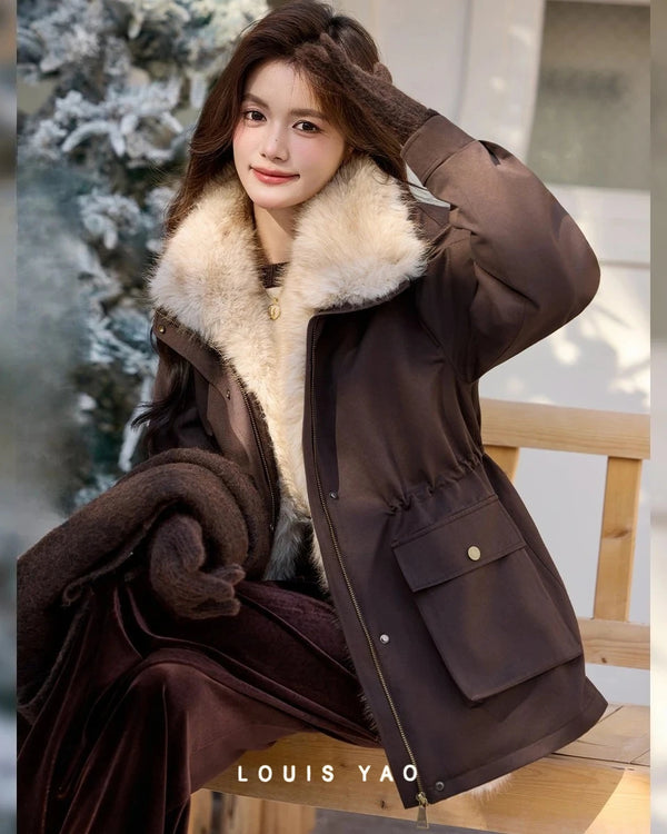 LOUIS YAO Workwear style Women's Jacket 2025 Autumn/Winter Jacket Plush Design lapel collar Mid-Length Fleece-Lined Thick Coat