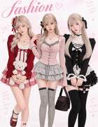 Japanese Sweet Preppy Style 2 Piece Set Women Kawaii Lace Patchwork Bow Tops + Y2k Plaid Mini Skirt Elegant Fashion Outifits New