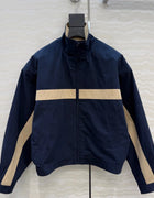 New Color Block Striped Khaki Zipper Stand Collar Short Trench Coat Women's Windbreaker Jacket