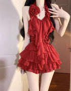Sexy Ruffled Halter 2 Piece Set Women Slim Fit Tops + Mini Skirt Chic Outfit Fashion Evening Party Clothing Fashion New Arrival