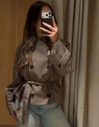 Plaid Cropped Trench Coat Lapel Collar Double Breasted Belted Waist Long Sleeve Women All-match Coats 2026 Autumn Commute Outfit