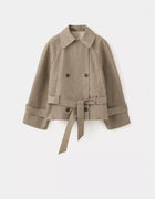 Women Plaid Short Trench Coat Lapel Double Breasted Belted Waist Long Sleeve Cropped Windbreaker Casual Outerwear Jacket