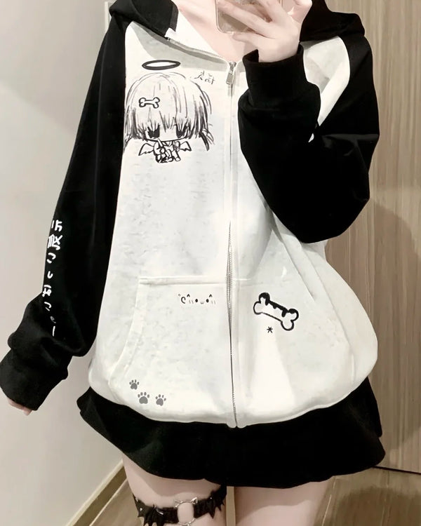 Japanese Contrast Color Hooded Tops Women Y2k Aesthetic Cartoon Print Grunge Hoodie Casual Zip Up Sweatshirt Harajuku Streetwear