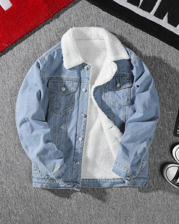 Men's Denim Jacket Autumn Winter Thickened Fleece Collar Cotton Jacket Loose Fit Warm Korean Style Lamb Velvet Lined Coat