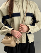 New Color Block Striped Khaki Zipper Stand Collar Short Trench Coat Women's Windbreaker Jacket