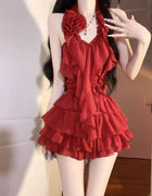 Sexy Ruffled Halter 2 Piece Set Women Slim Fit Tops + Mini Skirt Chic Outfit Fashion Evening Party Clothing Fashion New Arrival