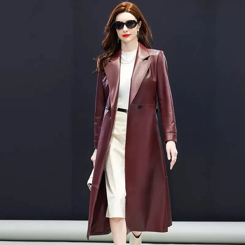 Autumn New Elegant Office Women 100% Sheepskin Genuine Leather Jacket Belted Slim Long Trench Coat Work Windbreaker Jacket