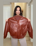 Women Elegant PU Leather Jacket Stand Collar Single Breasted Long Sleeve Tie Waist Solid Coat 2026 Autumn Office Chic Outfits