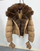 High quality winter new women's fox fur collar hooded down jacket y2k fashionable casual thick warm goose down coat warm gloves