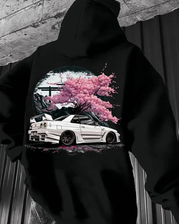 Men's Hoodie for Autumn/Winter Minimalist Streetwear Style Featuring Vintage JDM White Sports Car and Cherry Blossom Graphics