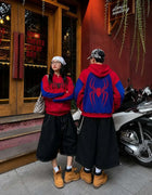 Unisex Fashion Cosplay Hooded Jacket Red Blue Colorblock Spider Pattern Hoodie Casual Y2K Streetwear Long Sleeve Sweatshirt Top