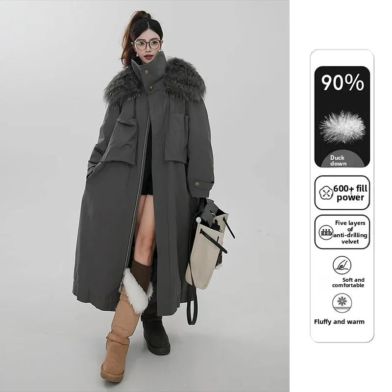 Workwear Down Jacket, High-end Mid-length Casual Coat with Large Fur Collar. New Style for Women's Winter 2025