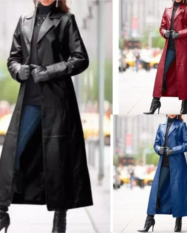 Women Autumn Winter Faux Leather Coat Long Sleeve Solid Color Turndown Collar Button Casual Fashion Warm Comfortable Regular Fit