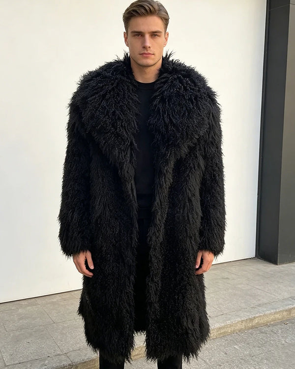 Real Mongolian Fur Coat With English Collar Genuine Leather Jackets Black Natural Lamb Fur Jacket Fashion Men's Long Fur Jacket