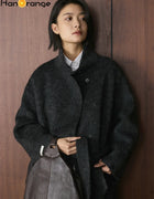 HanOrange 2026 Winter Simple Fashion Stand Collar Double Woolen Wool Coat Women with Belt Warm Coat Apricot/Floral Gray
