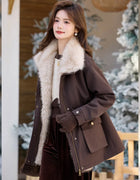 LOUIS YAO Workwear style Women's Jacket 2025 Autumn/Winter Jacket Plush Design lapel collar Mid-Length Fleece-Lined Thick Coat