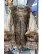 Winter Natural Large Fur Collar Tassel Down Jacket Female Cloak Shawl Warm Quilted Jacket Women White Duck Down Fur Outwears