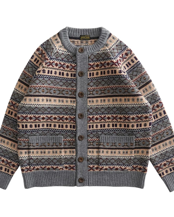 Sauce Zhan Men's Sweters Fair Isle Lambswool Sweatercoat Sheep's Wool Cardigan Soft and Comfortable Regular Fit