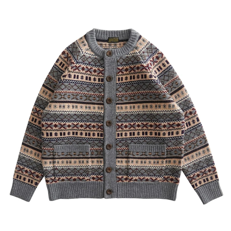 Sauce Zhan Men's Sweters Fair Isle Lambswool Sweatercoat Sheep's Wool Cardigan Soft and Comfortable Regular Fit